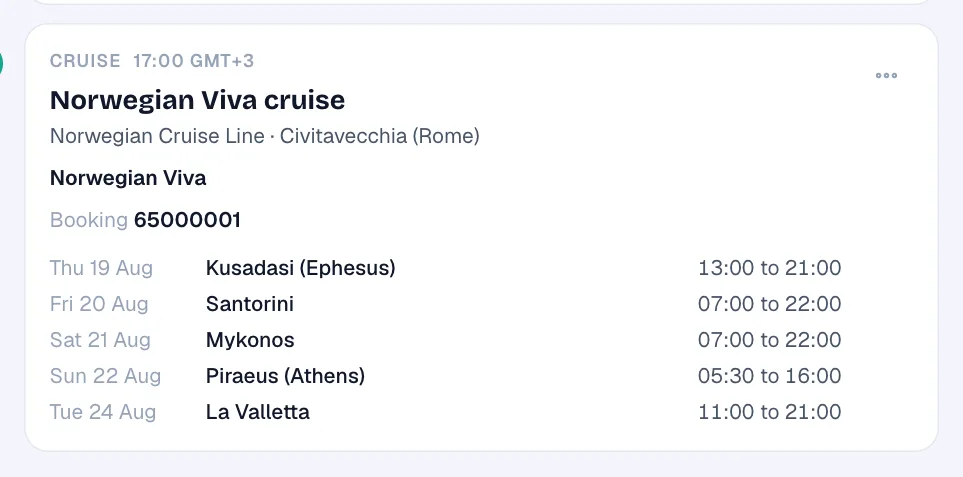 A Norwegian Viva cruise in TripStow listing each port with its date and times