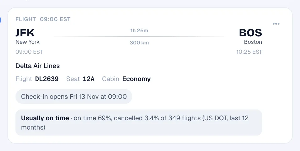 A Delta flight in TripStow showing when check-in opens and its on-time record