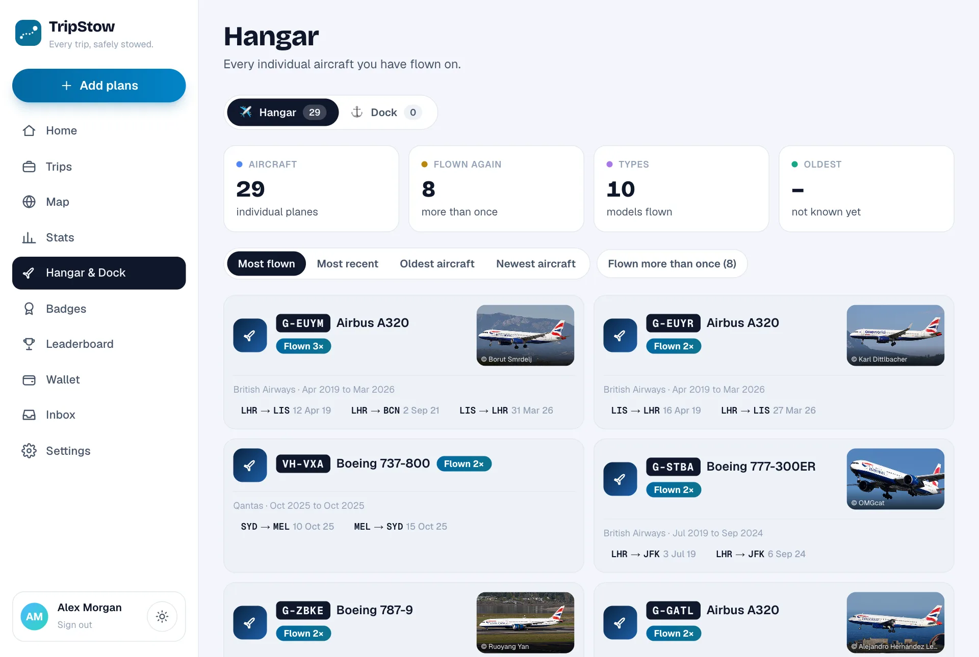 The TripStow Hangar with aircraft cards, photos and flown more than once pills