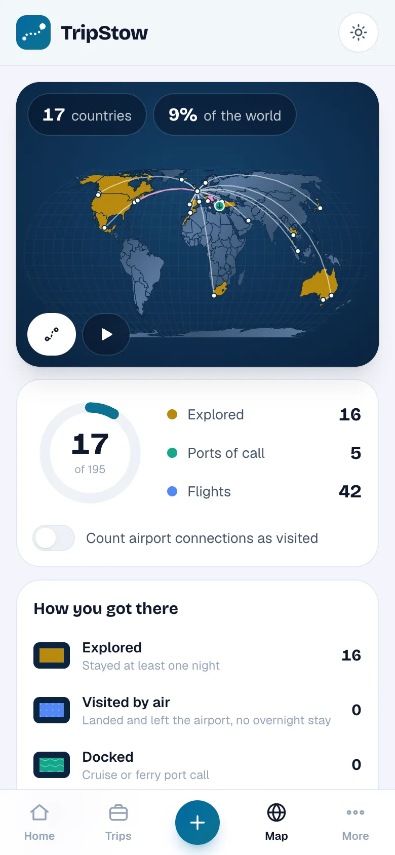 The TripStow map on a phone