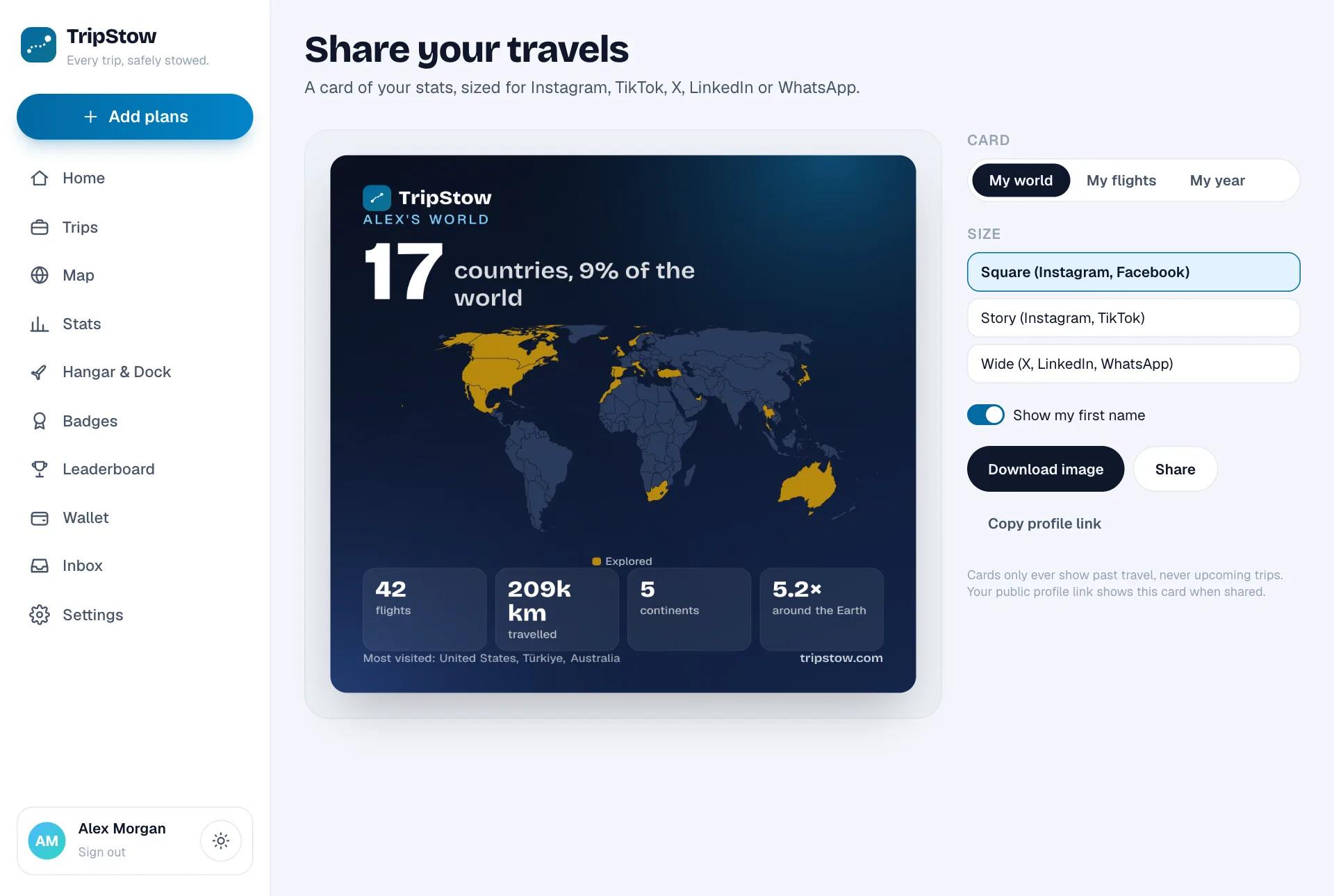 The TripStow share page with a world card showing 17 countries