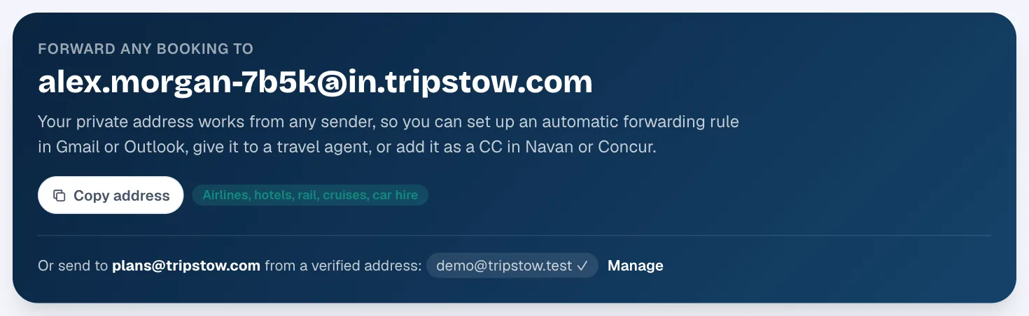 The TripStow forwarding address card with a copy button