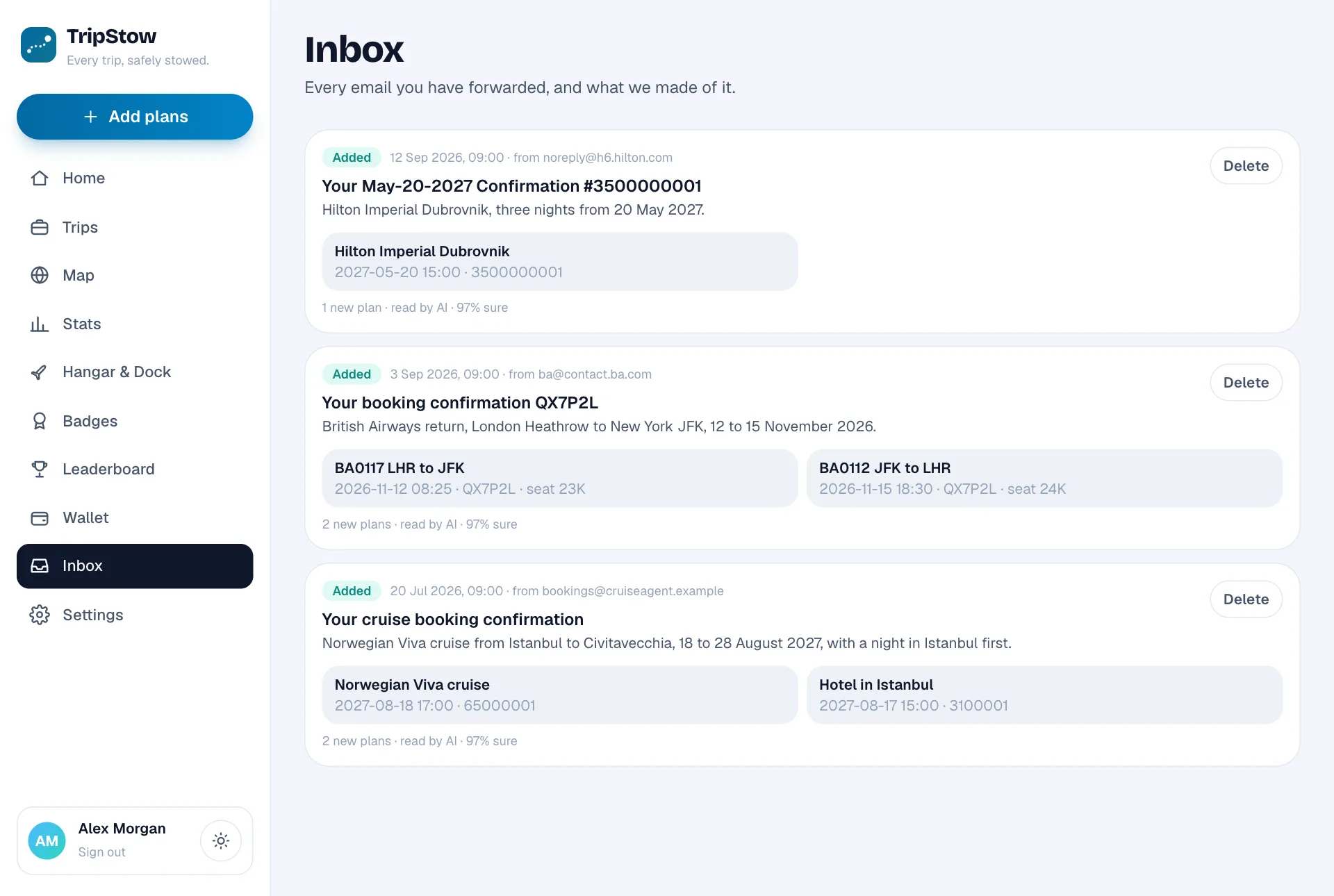 The TripStow inbox showing three forwarded bookings and the plans found in each