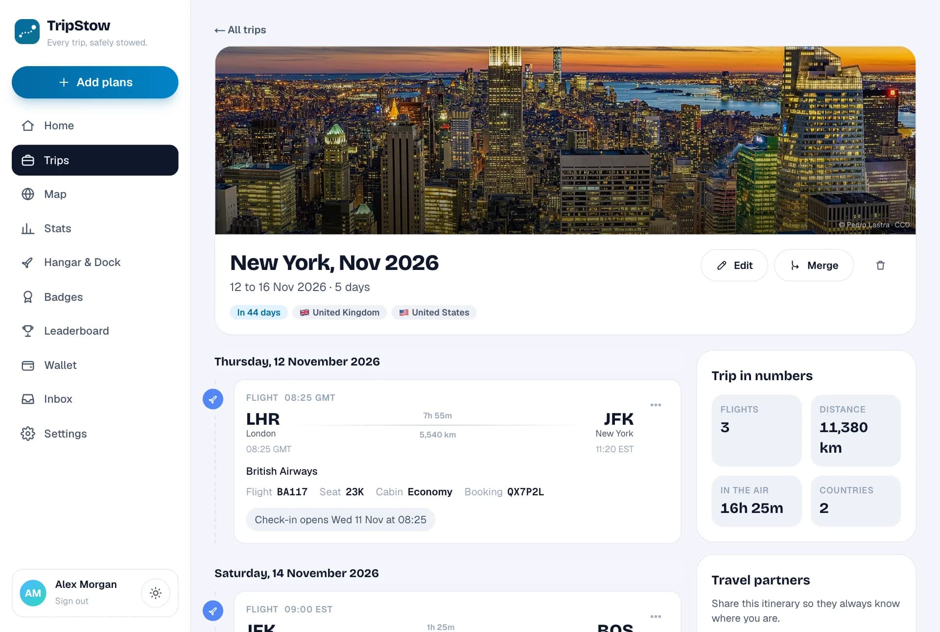 A New York trip in TripStow with a destination photo and a flight timeline