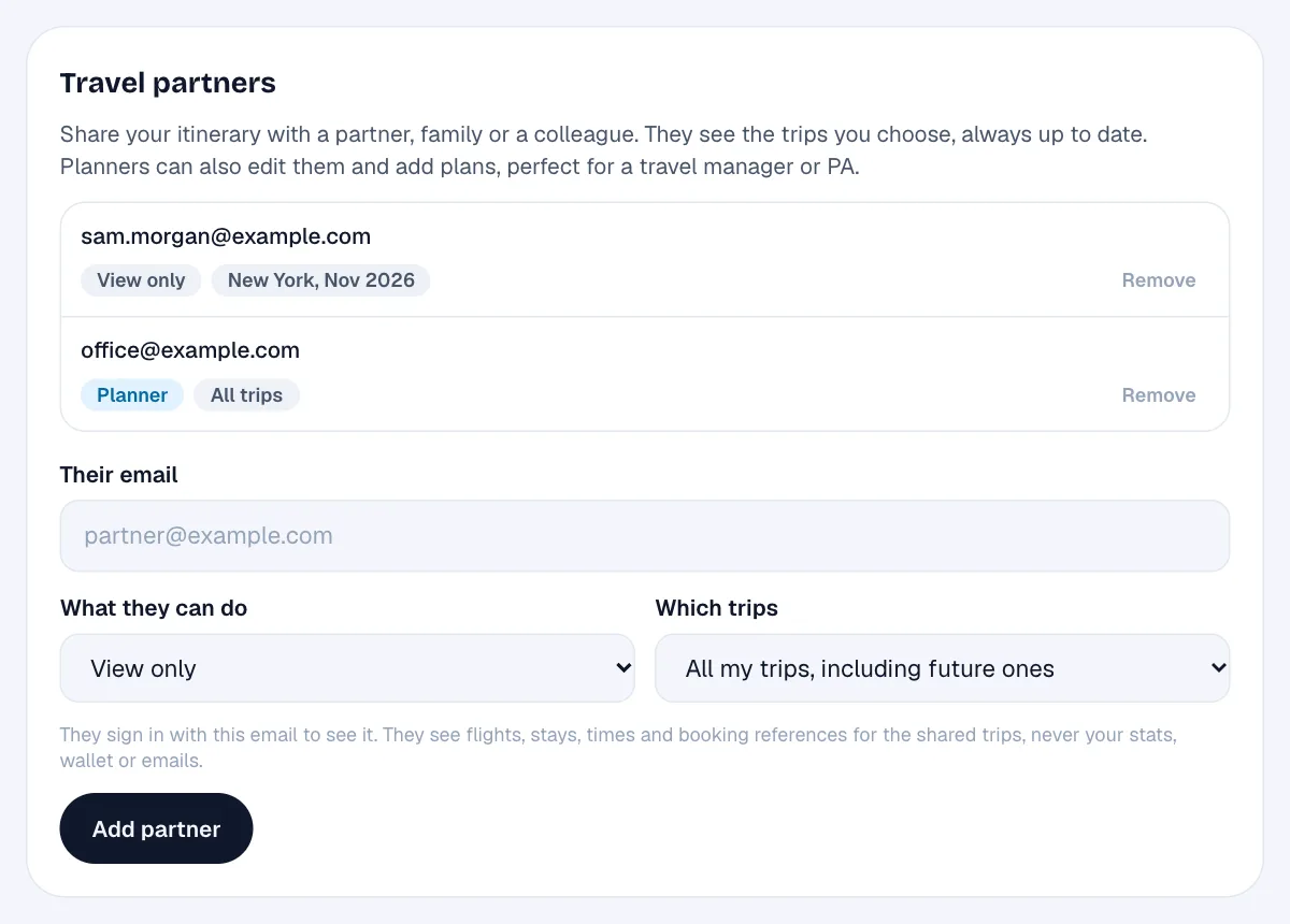 Travel partners in TripStow settings, with a viewer and a planner