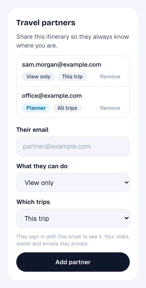The travel partners panel on a TripStow trip